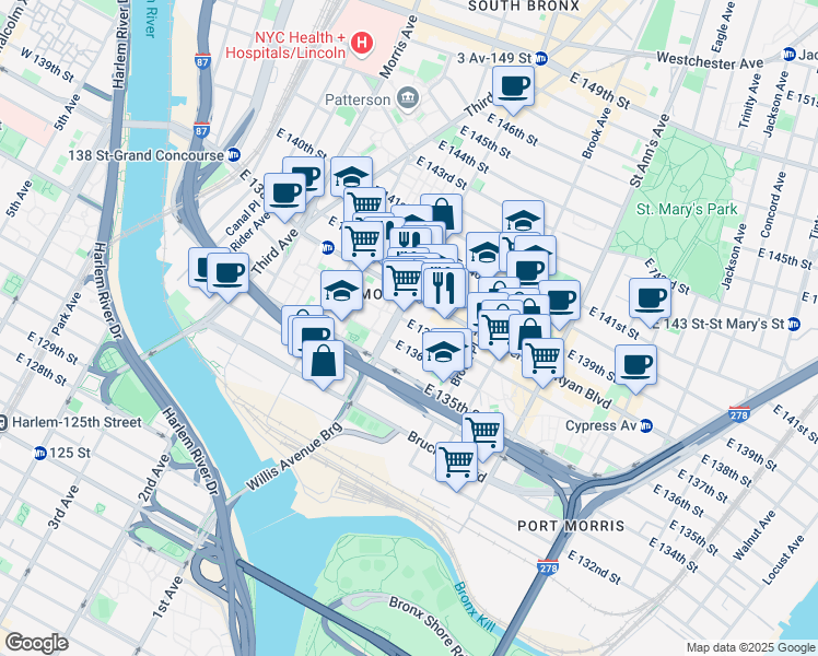 map of restaurants, bars, coffee shops, grocery stores, and more near 423 East 136th Street in Bronx