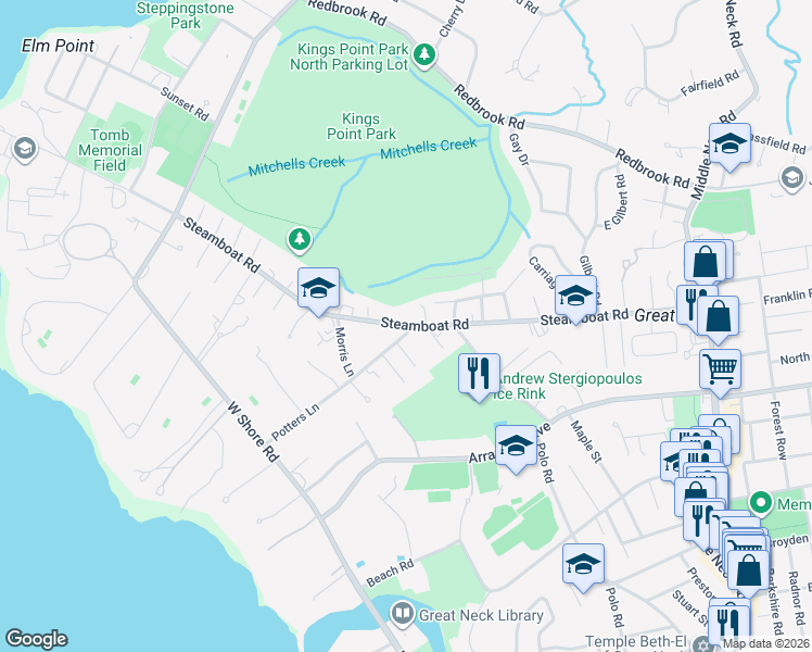 map of restaurants, bars, coffee shops, grocery stores, and more near 125 Steamboat Road in Great Neck