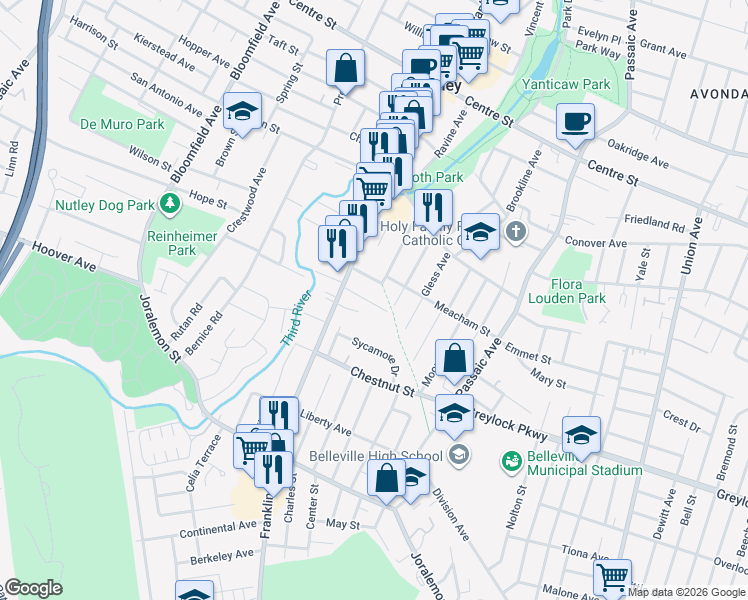 map of restaurants, bars, coffee shops, grocery stores, and more near 542-550 Franklin Avenue in Belleville