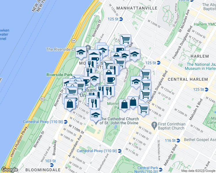 map of restaurants, bars, coffee shops, grocery stores, and more near Amsterdam Ave & W 118th St in New York