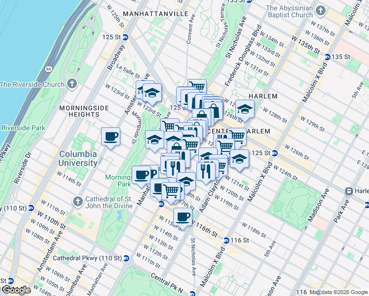 map of restaurants, bars, coffee shops, grocery stores, and more near 300 West 122nd Street in New York