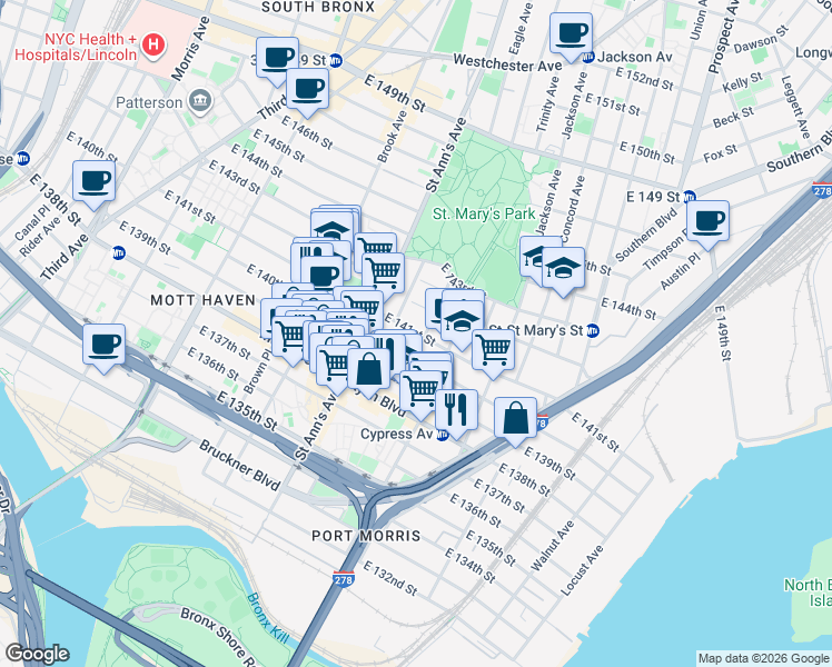 map of restaurants, bars, coffee shops, grocery stores, and more near 601 East 141st Street in Bronx
