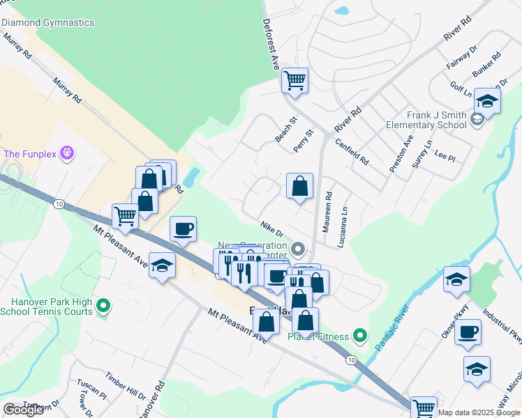 map of restaurants, bars, coffee shops, grocery stores, and more near in East Hanover