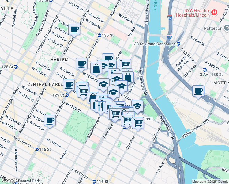 map of restaurants, bars, coffee shops, grocery stores, and more near 2027 Madison Avenue in New York
