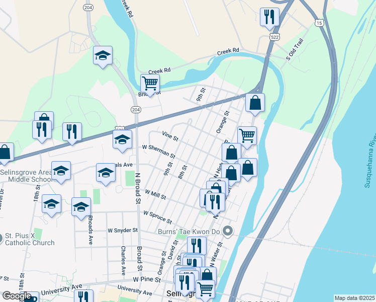 map of restaurants, bars, coffee shops, grocery stores, and more near Elderberry Alley in Selinsgrove