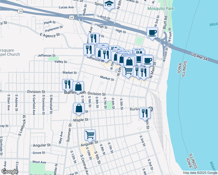 map of restaurants, bars, coffee shops, grocery stores, and more near 131-199 South 7th Street in Burlington