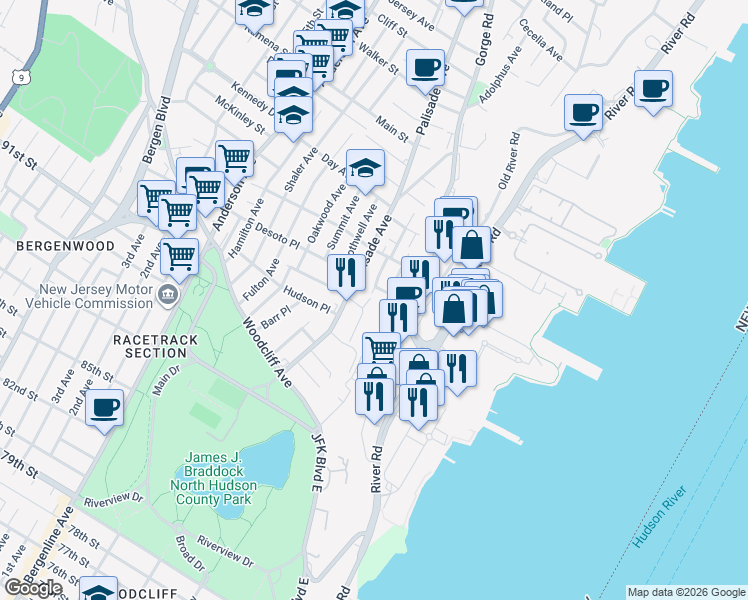 map of restaurants, bars, coffee shops, grocery stores, and more near 114 Pine Street in Cliffside Park
