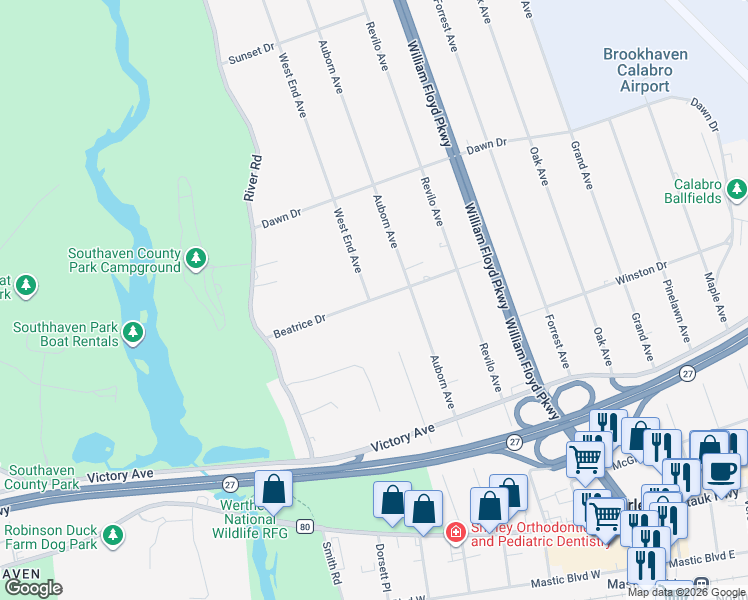map of restaurants, bars, coffee shops, grocery stores, and more near 46 Beatrice Drive in Shirley