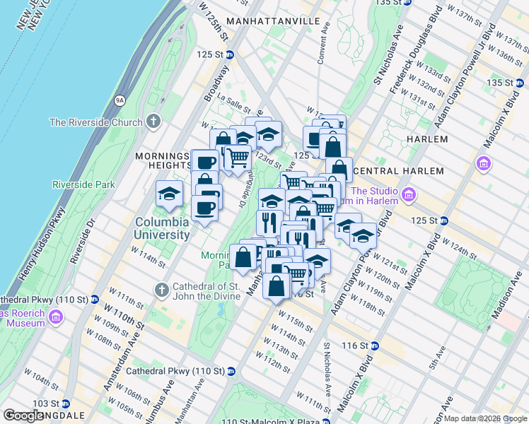 map of restaurants, bars, coffee shops, grocery stores, and more near W 120th St & Morningside Ave in New York