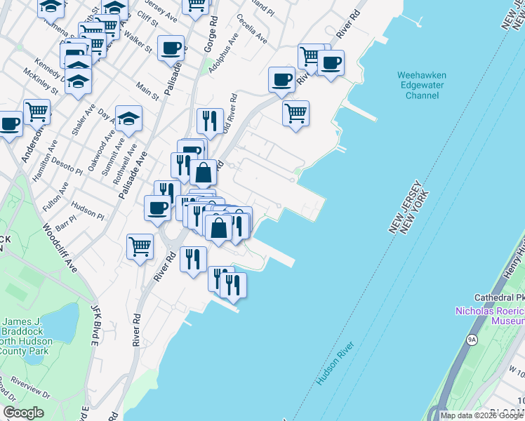 map of restaurants, bars, coffee shops, grocery stores, and more near 25 Marquis Court in Edgewater