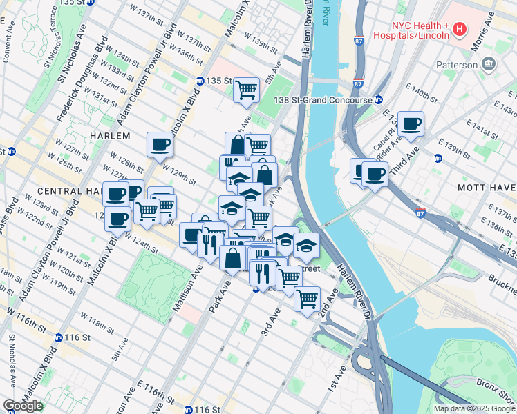 map of restaurants, bars, coffee shops, grocery stores, and more near 107 East 129th Street in New York