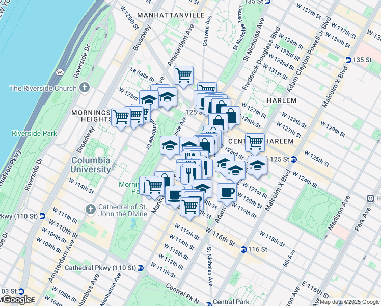 map of restaurants, bars, coffee shops, grocery stores, and more near 317 West 121st Street in New York