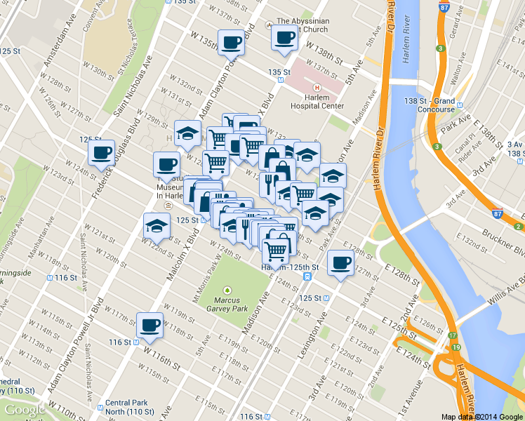 map of restaurants, bars, coffee shops, grocery stores, and more near 23 West 125th Street in New York
