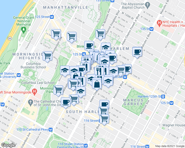 map of restaurants, bars, coffee shops, grocery stores, and more near 234 West 122nd Street in New York