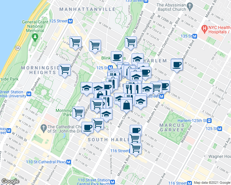 map of restaurants, bars, coffee shops, grocery stores, and more near 234 West 122nd Street in New York
