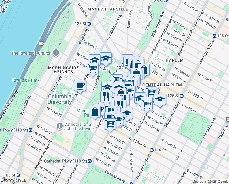 map of restaurants, bars, coffee shops, grocery stores, and more near 315 West 120th Street in New York