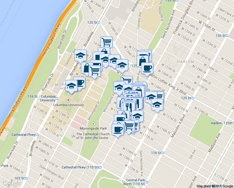 map of restaurants, bars, coffee shops, grocery stores, and more near 50 Morningside Avenue in New York