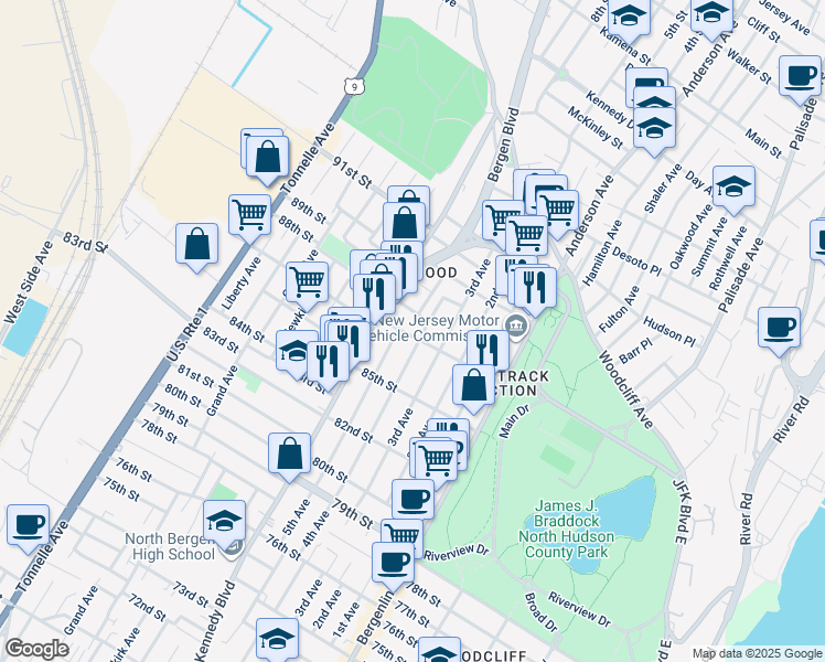 map of restaurants, bars, coffee shops, grocery stores, and more near 8607 4th Avenue in North Bergen
