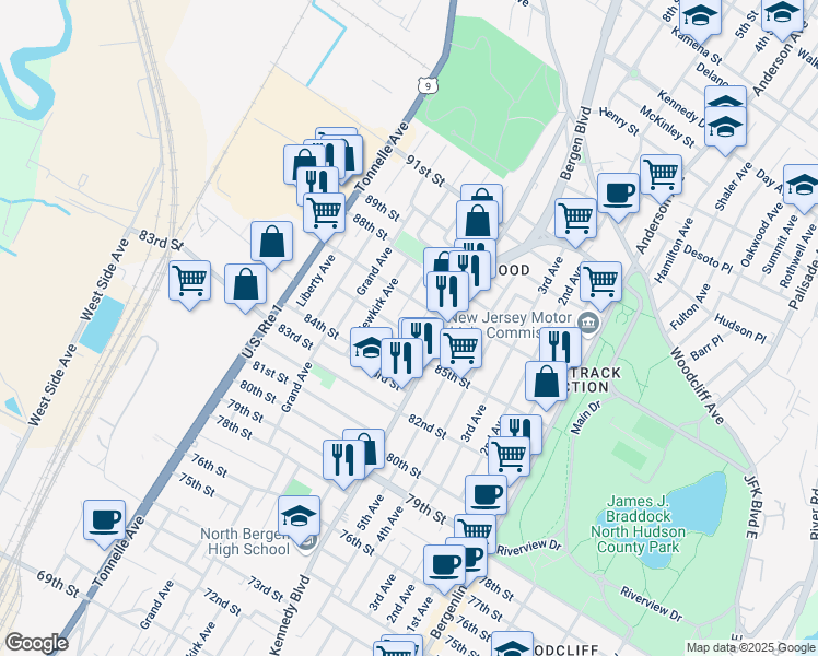map of restaurants, bars, coffee shops, grocery stores, and more near 1120 84th Street in North Bergen