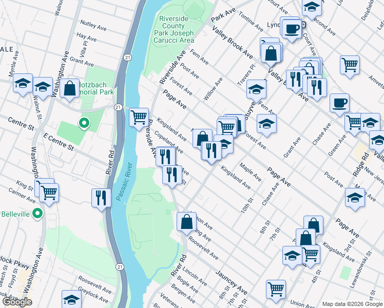 map of restaurants, bars, coffee shops, grocery stores, and more near 230 Copeland Avenue in Lyndhurst