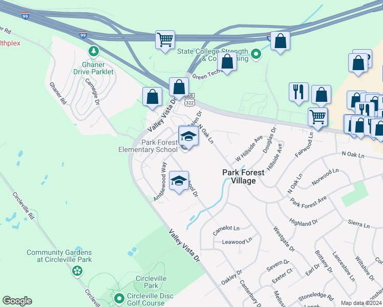 map of restaurants, bars, coffee shops, grocery stores, and more near 2101-2199 School Drive in State College