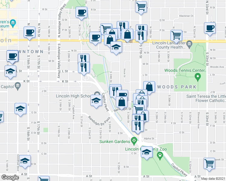 map of restaurants, bars, coffee shops, grocery stores, and more near 617 South 25th Street in Lincoln