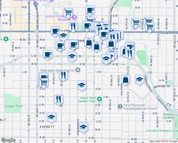 map of restaurants, bars, coffee shops, grocery stores, and more near 1630 H Street in Lincoln