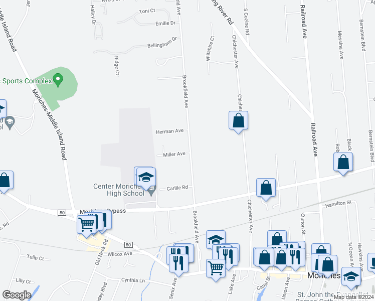 map of restaurants, bars, coffee shops, grocery stores, and more near 108 Brookfield Avenue in Center Moriches