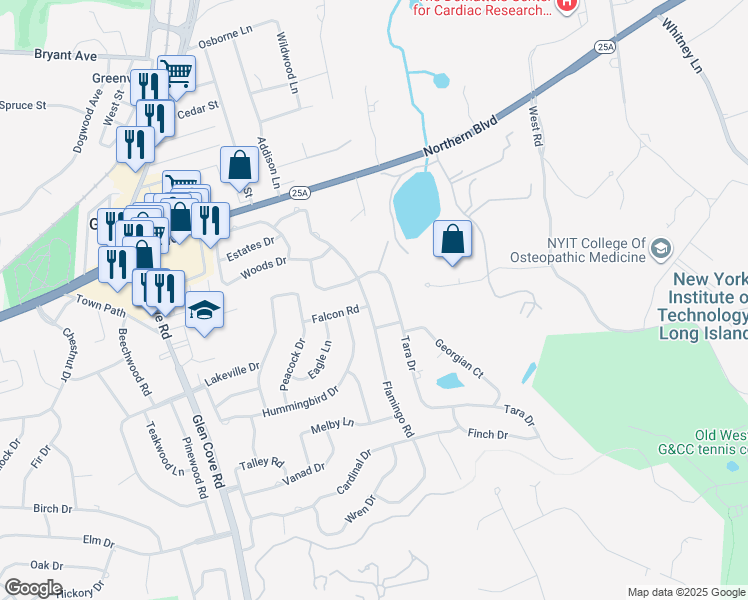 map of restaurants, bars, coffee shops, grocery stores, and more near 66 Hummingbird Drive in Roslyn