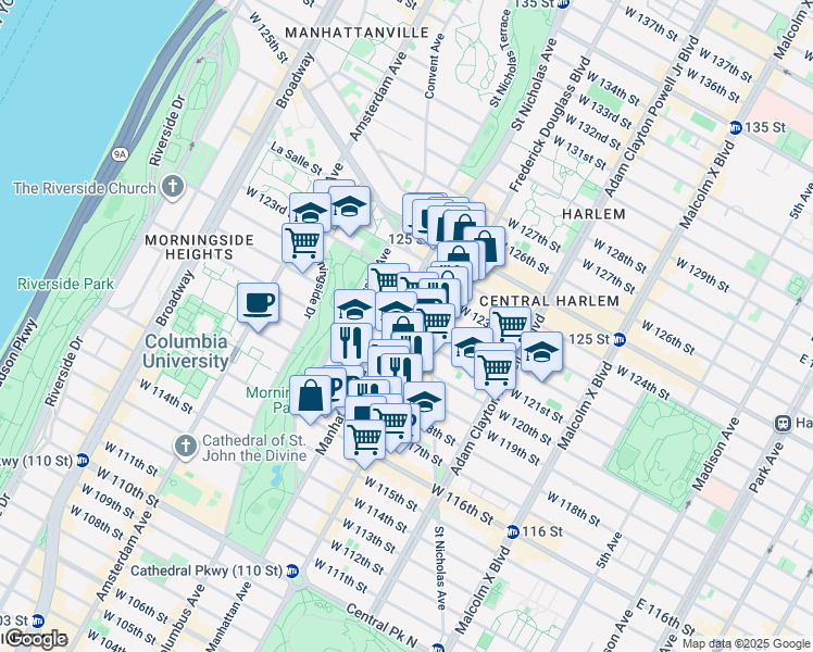 map of restaurants, bars, coffee shops, grocery stores, and more near 315 West 120th Street in New York