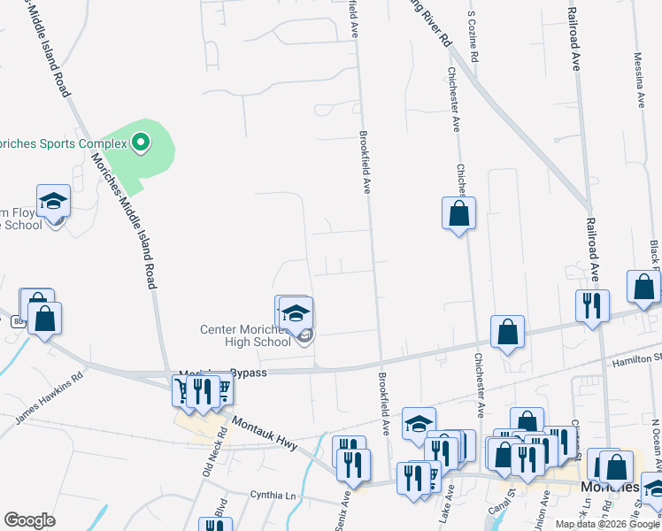 map of restaurants, bars, coffee shops, grocery stores, and more near 34 Miller Avenue in Center Moriches