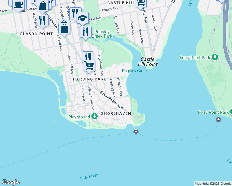 map of restaurants, bars, coffee shops, grocery stores, and more near 104 Cove Court in Bronx