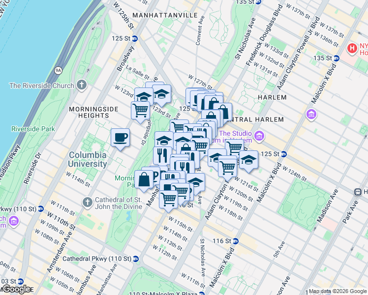 map of restaurants, bars, coffee shops, grocery stores, and more near 315 West 120th Street in New York