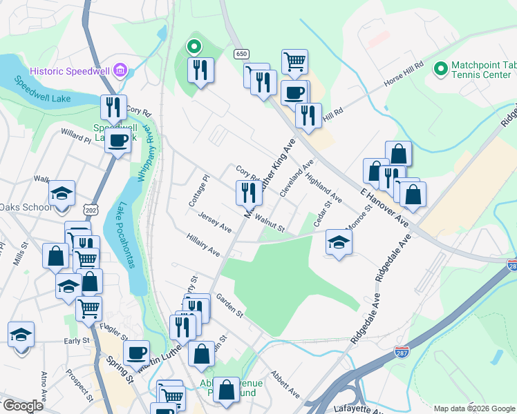 map of restaurants, bars, coffee shops, grocery stores, and more near 7 Walnut Street in Morristown