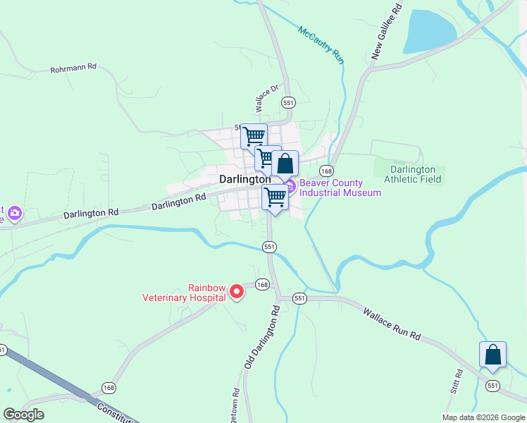 map of restaurants, bars, coffee shops, grocery stores, and more near 105 Morris Street in Darlington
