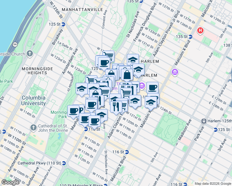 map of restaurants, bars, coffee shops, grocery stores, and more near 250 West 123rd Street in New York