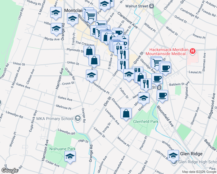 map of restaurants, bars, coffee shops, grocery stores, and more near in Montclair