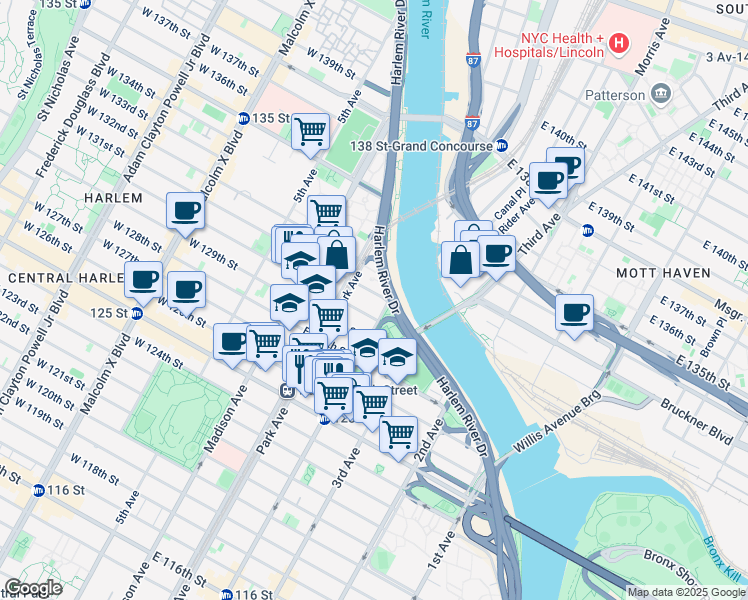 map of restaurants, bars, coffee shops, grocery stores, and more near 2170 Lexington Avenue in New York