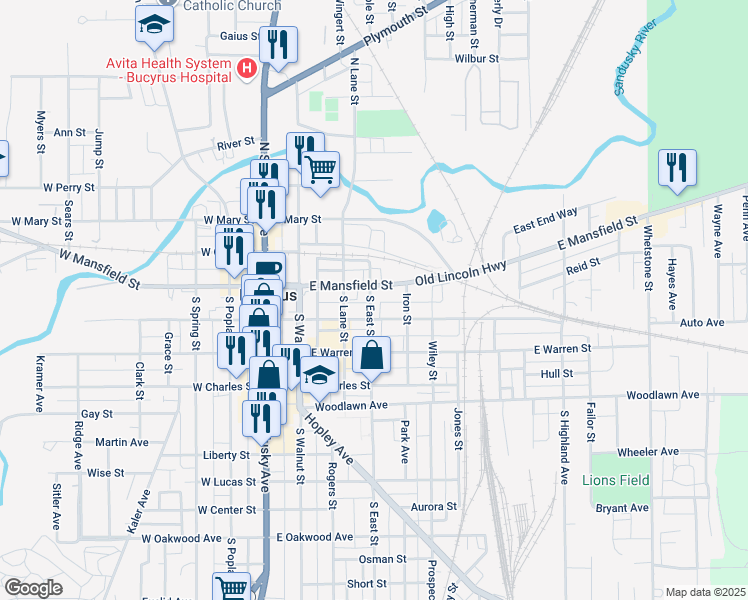 map of restaurants, bars, coffee shops, grocery stores, and more near 403 East Rensselaer Street in Bucyrus