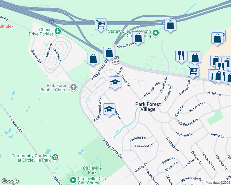 map of restaurants, bars, coffee shops, grocery stores, and more near 2199 School Dr in State College