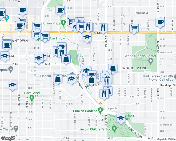 map of restaurants, bars, coffee shops, grocery stores, and more near 545 South 25th Street in Lincoln