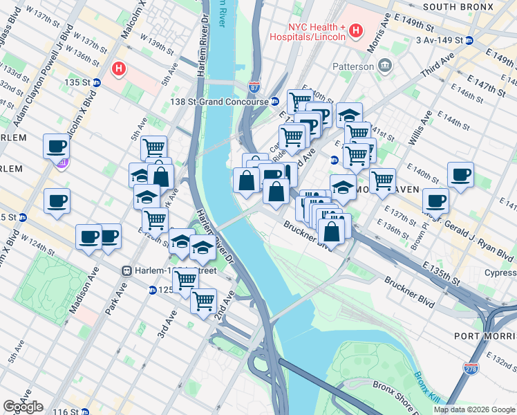 map of restaurants, bars, coffee shops, grocery stores, and more near 1600 Third Avenue in The Bronx