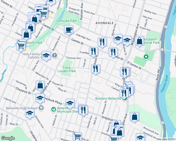 map of restaurants, bars, coffee shops, grocery stores, and more near 181 Hancox Avenue in Nutley