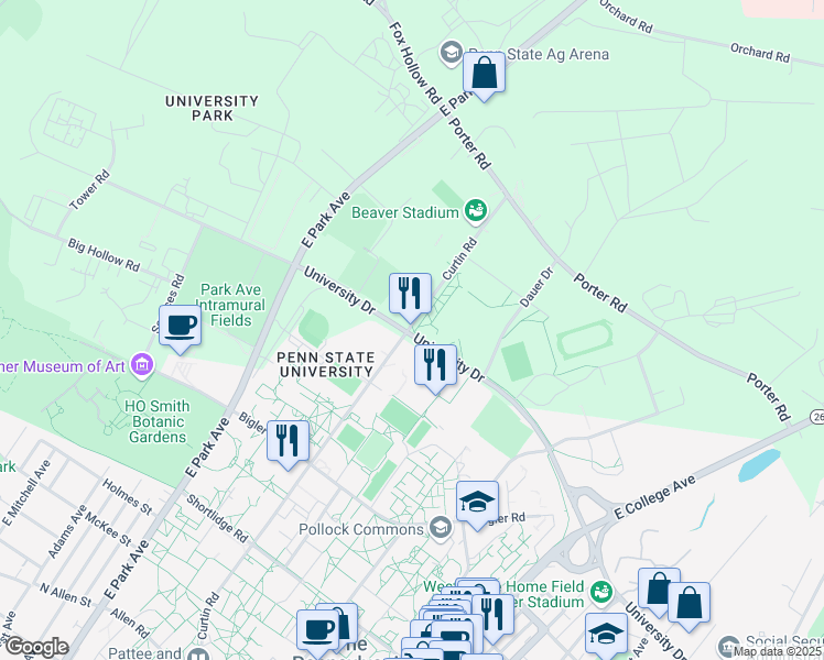 map of restaurants, bars, coffee shops, grocery stores, and more near 720 Curtin Road in State College