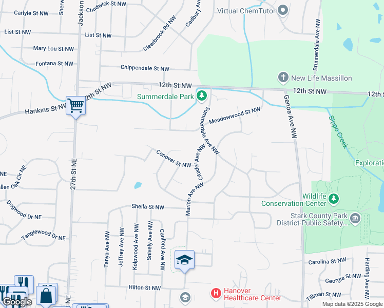 map of restaurants, bars, coffee shops, grocery stores, and more near 3151 Meadowwood Street Northwest in Massillon