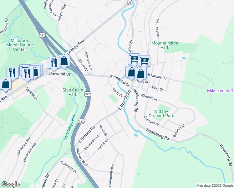 map of restaurants, bars, coffee shops, grocery stores, and more near 206-210 Shady Dr in State College