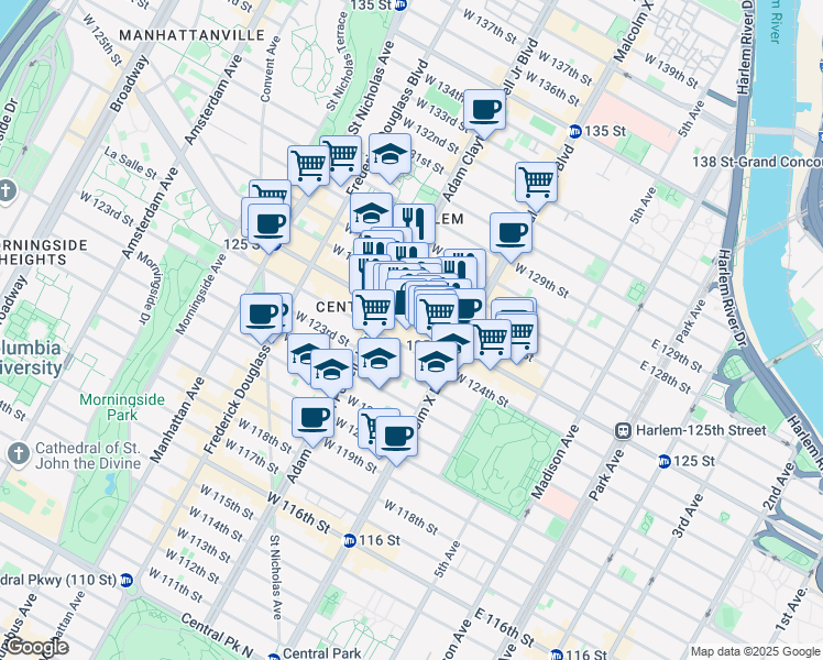 map of restaurants, bars, coffee shops, grocery stores, and more near 132 West 125th Street in New York
