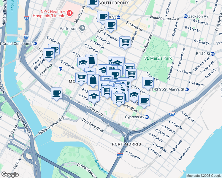 map of restaurants, bars, coffee shops, grocery stores, and more near Brook Ave & E 139th St in Bronx
