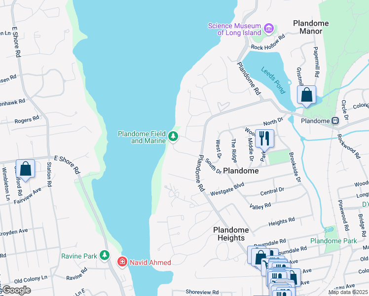 map of restaurants, bars, coffee shops, grocery stores, and more near 21 Shore Drive in Plandome