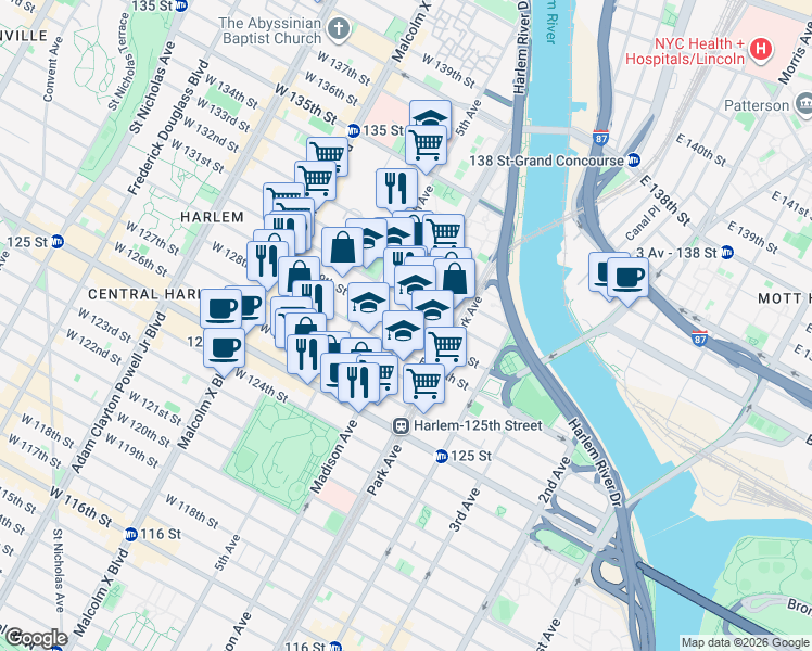 map of restaurants, bars, coffee shops, grocery stores, and more near Madison Ave & E 129th St in New York